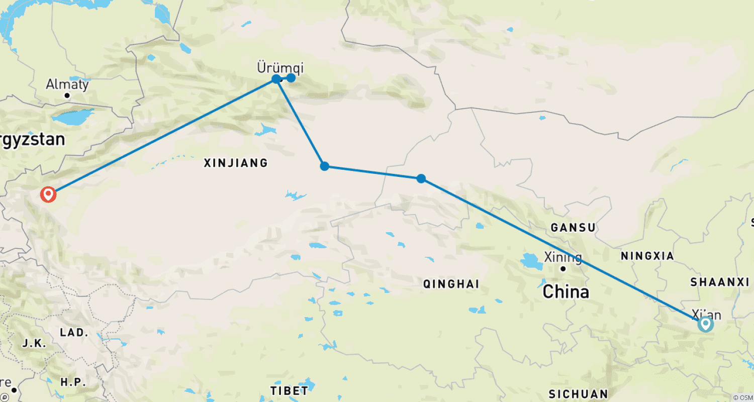 Mapa trasy: Silk Road Tour 8D: Xian, Dunhuang, Turpan, Urumqi, Kashgar
