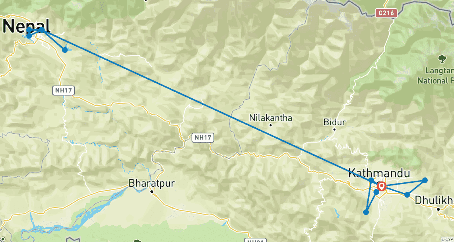 Mapa trasy: Szyta na miarę 7-dniowa prywatna wycieczka po Nepalu (hotele 4-gwiazdkowe i loty krajowe)