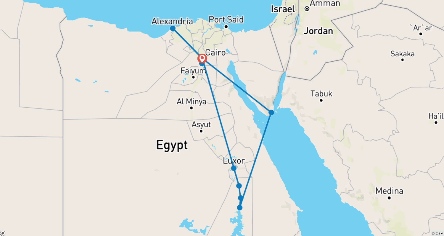 خريطة مسار 16 يومًا القاهرة، الإسكندرية، رحلة نيلية إلى أسوان وشرم الشيخ (زيارة متحف GEM)