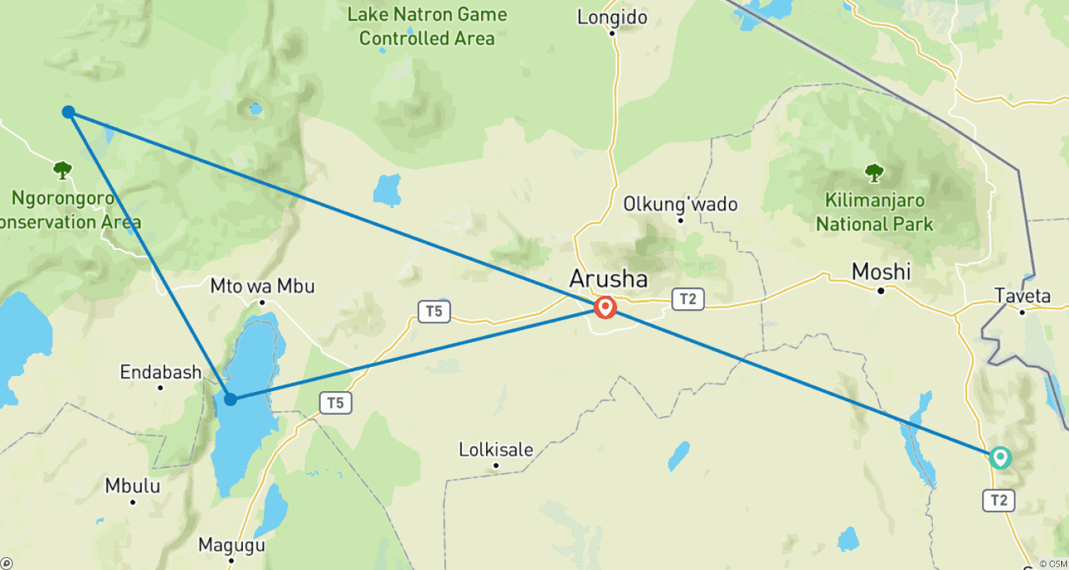 Mapa do percurso de 2 Day Tanzania Lodge Safari to Lake Manyara & Ngorongoro Crater