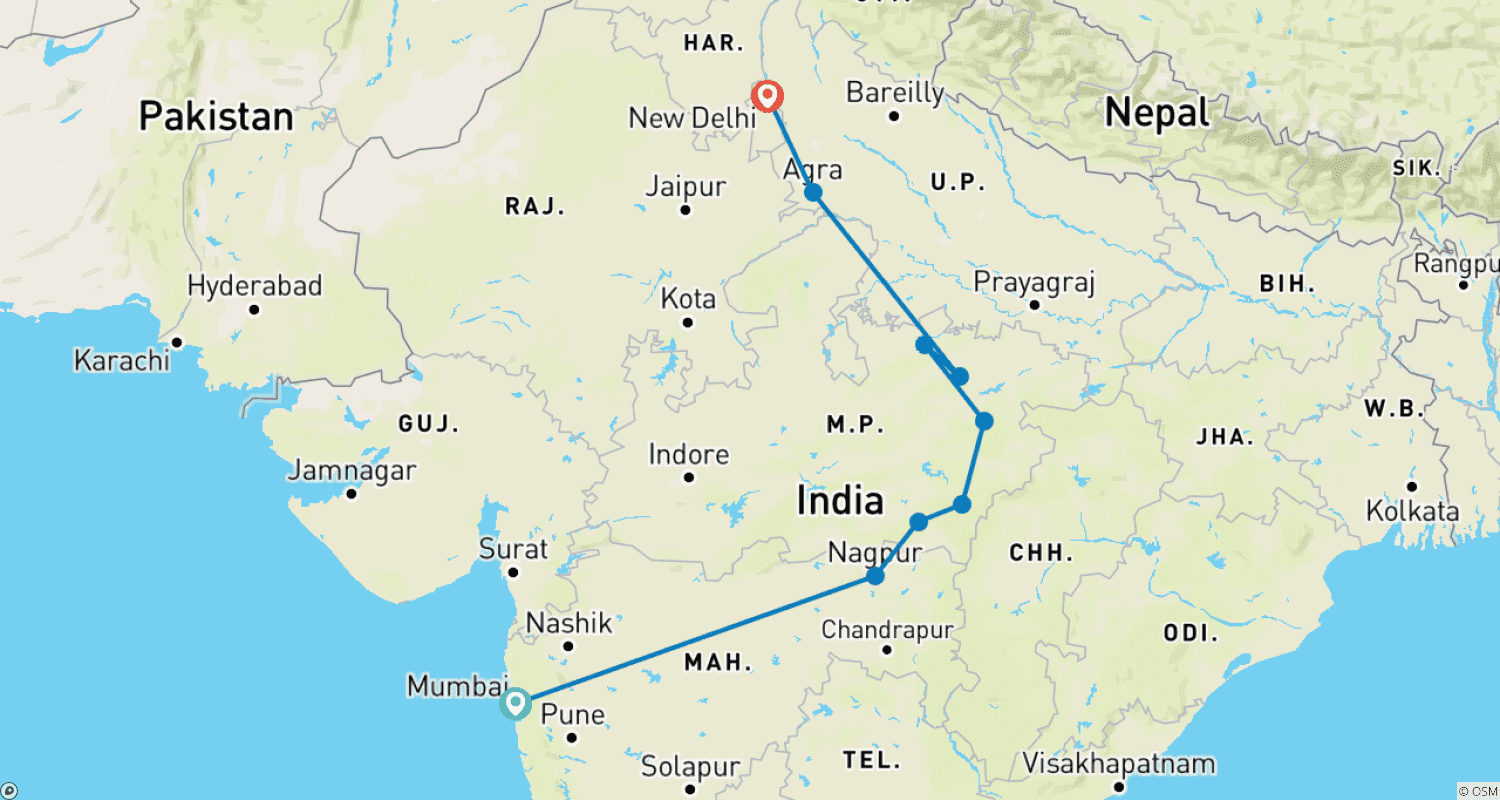 خريطة مسار 12 Days Wildlife  Safari Tour From Mumbai To Delhi
