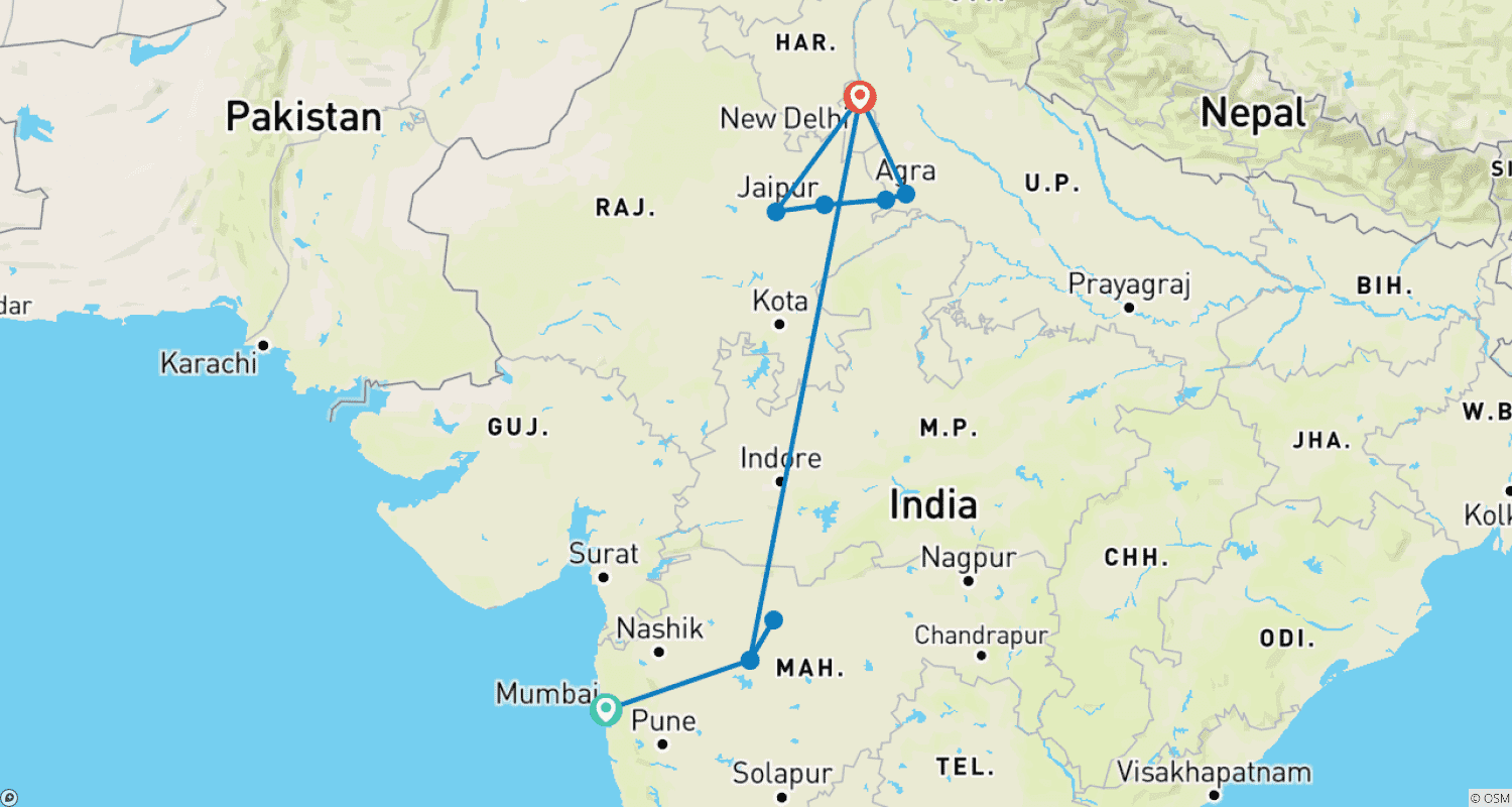 Mapa do percurso de Mumbai, Ajanta, Ellora & Golden Triangle