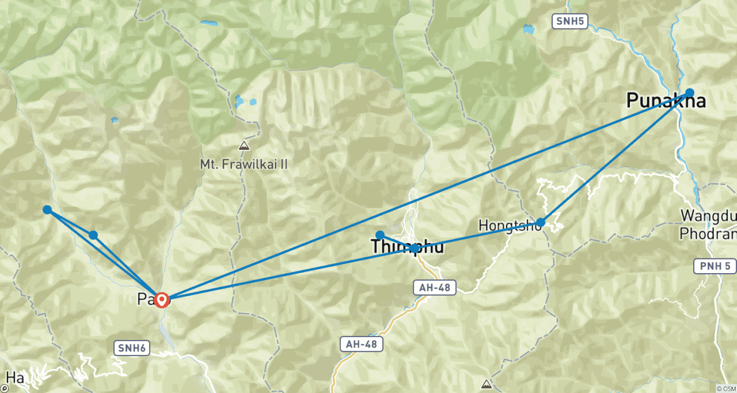 Mapa trasy: Tailor-Made 6-Day Private Bhutan Tour, Daily Start & Exclusive Guide and Driver