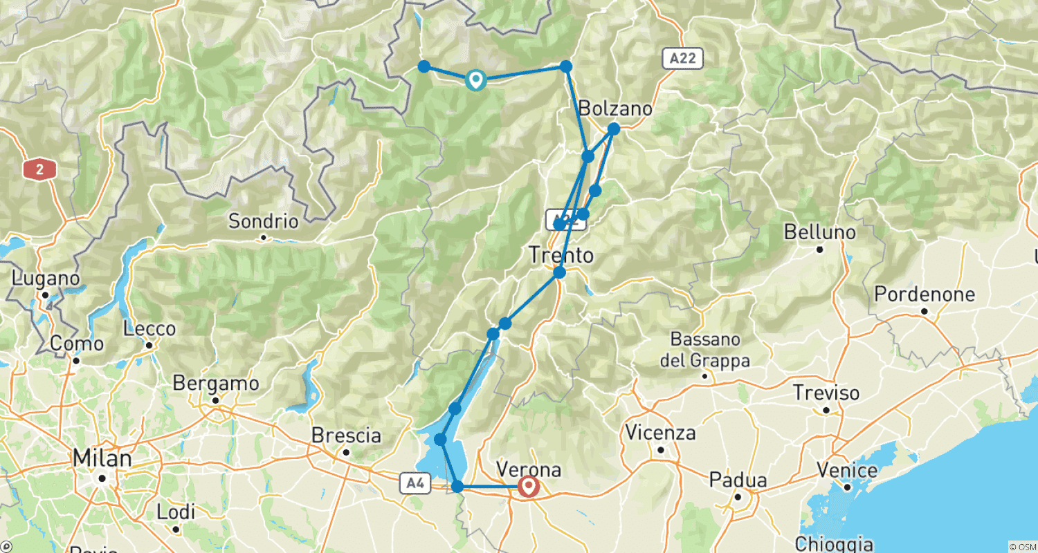 Mapa do percurso de Vales Alpinos da Itália - Tirol do Sul, Lago de Garda e Verona - Clássico Autoguiado - novo itinerário 2026!