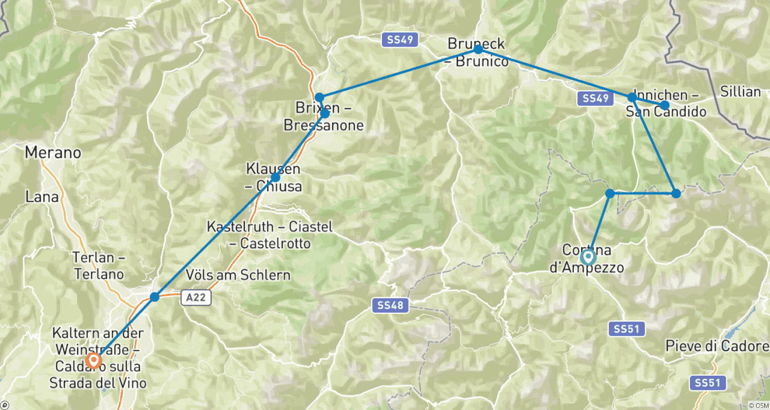 Mapa trasy: Cycling the Majestic Dolomites - Cortina to Bolzano - Classic Self Guided