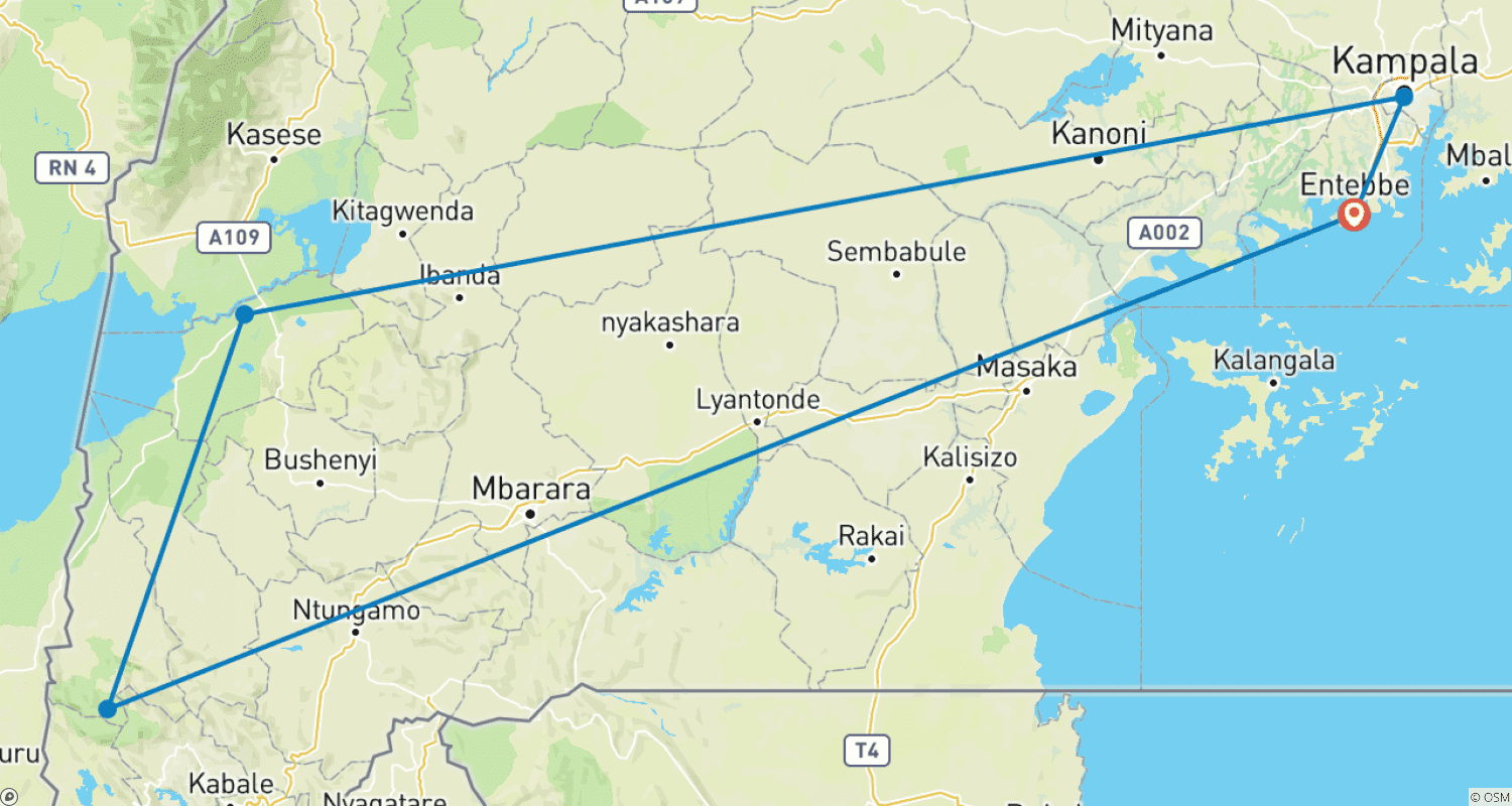 Mapa do percurso de Experimente Gorilas, Chimpanzés, Big 5 e Grandes Felinos de Uganda (Exclusivamente Privado)