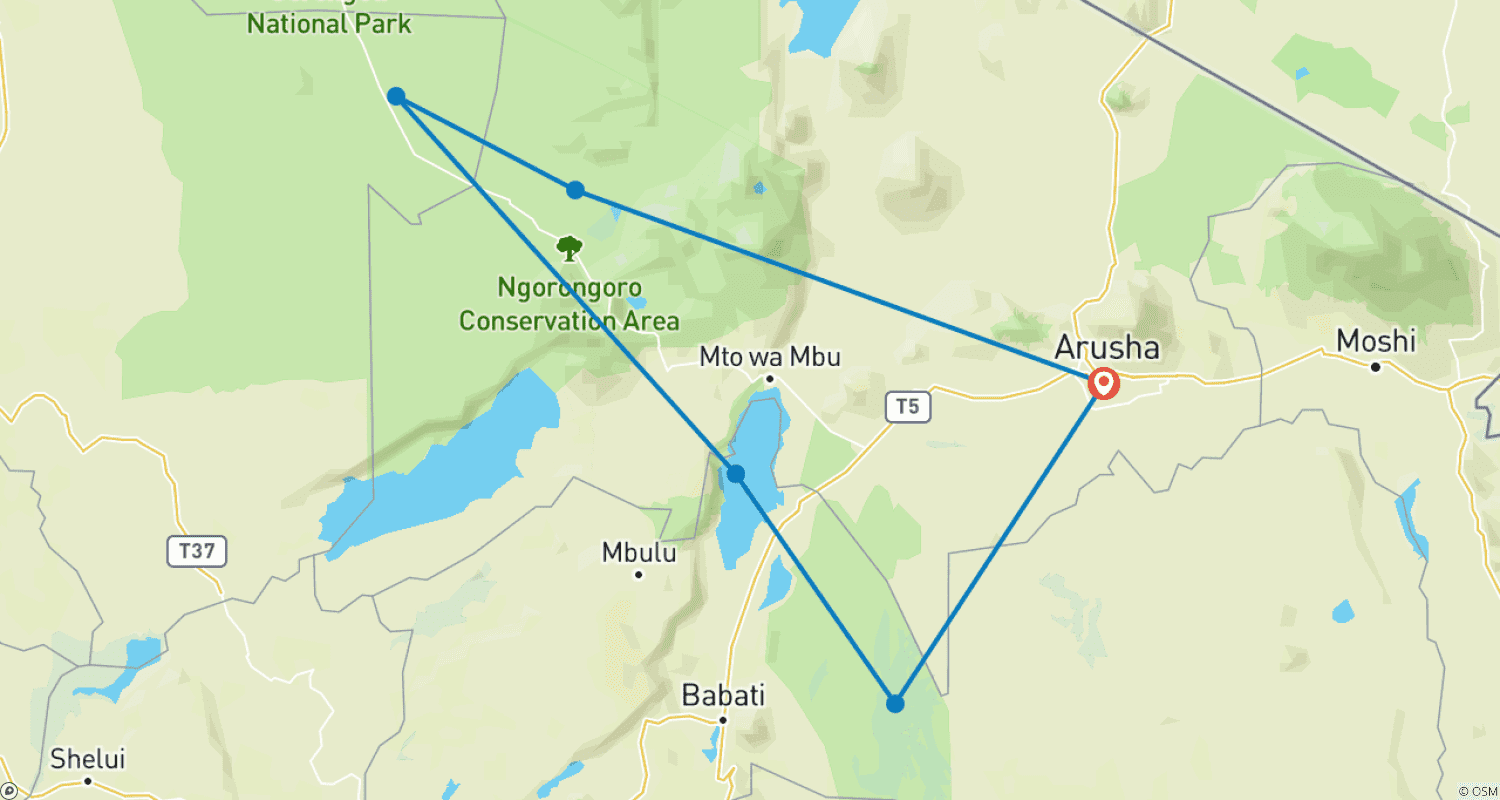 Mapa do percurso de Safári dos Grandes Felinos em 7 Grandes Parques no Serengeti