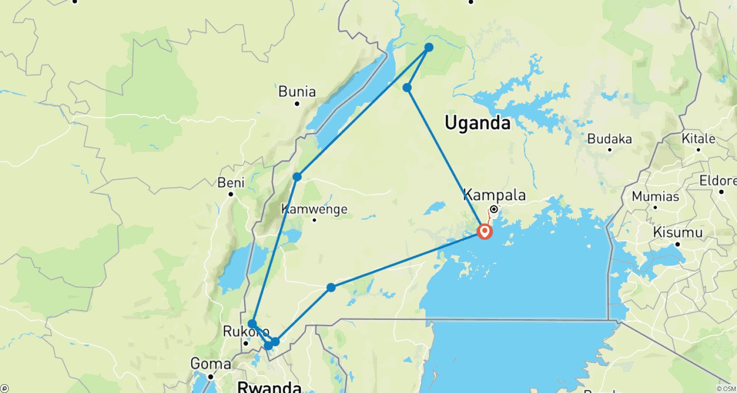 Mapa do percurso de Experimente Gorilas, Chimpanzés, Big 5 e Grandes Felinos de Uganda (Exclusivamente Privado)