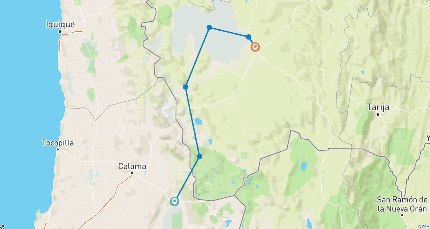 Mapa trasy: Solniska Uyuni i Pustynna Przygoda 3D/2N (z Atacamy do Uyuni)