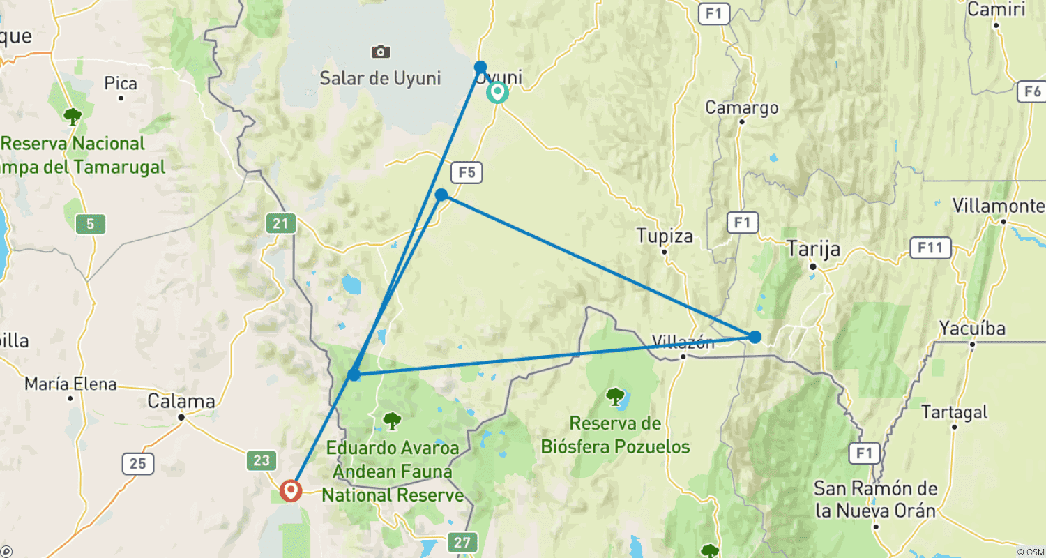 Mapa do percurso de Salinas de Uyuni e Aventura no Deserto 3 Dias/2 Noites (De Uyuni ao Atacama)