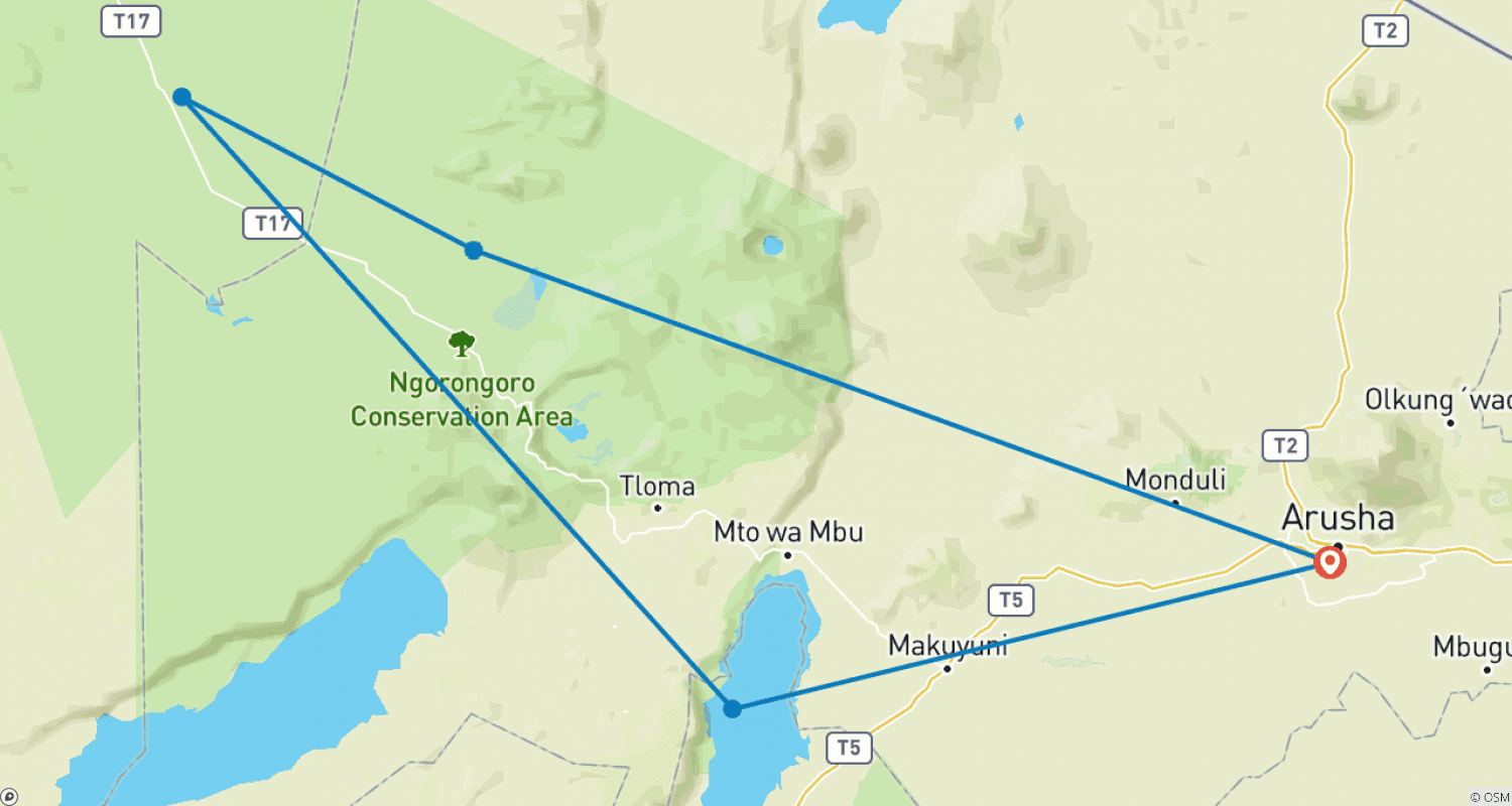Mapa do percurso de Safari de 4 Dias de Gama Média na Tanzânia