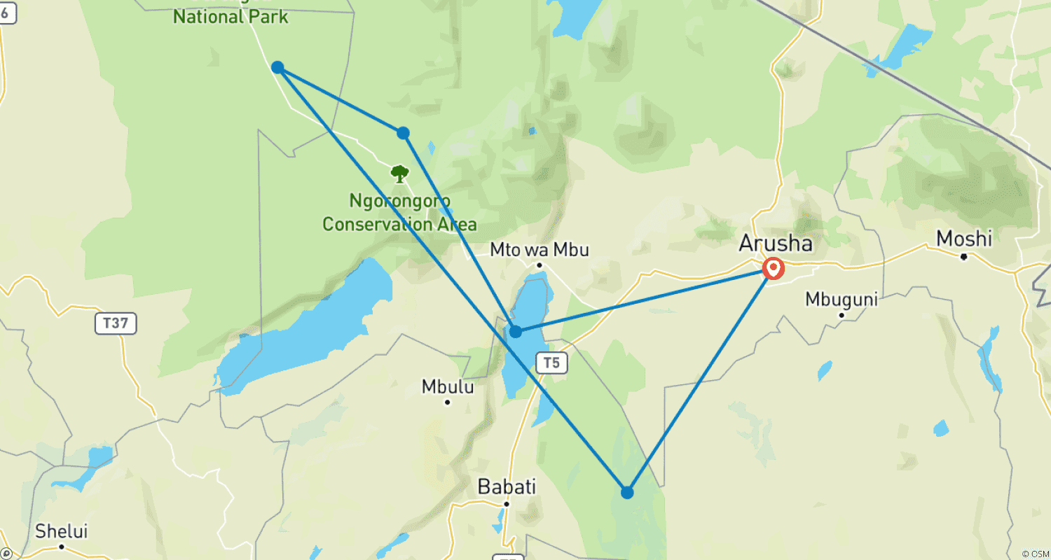 Mapa trasy: 6 Dni Safari w Lodżach w Tanzanii