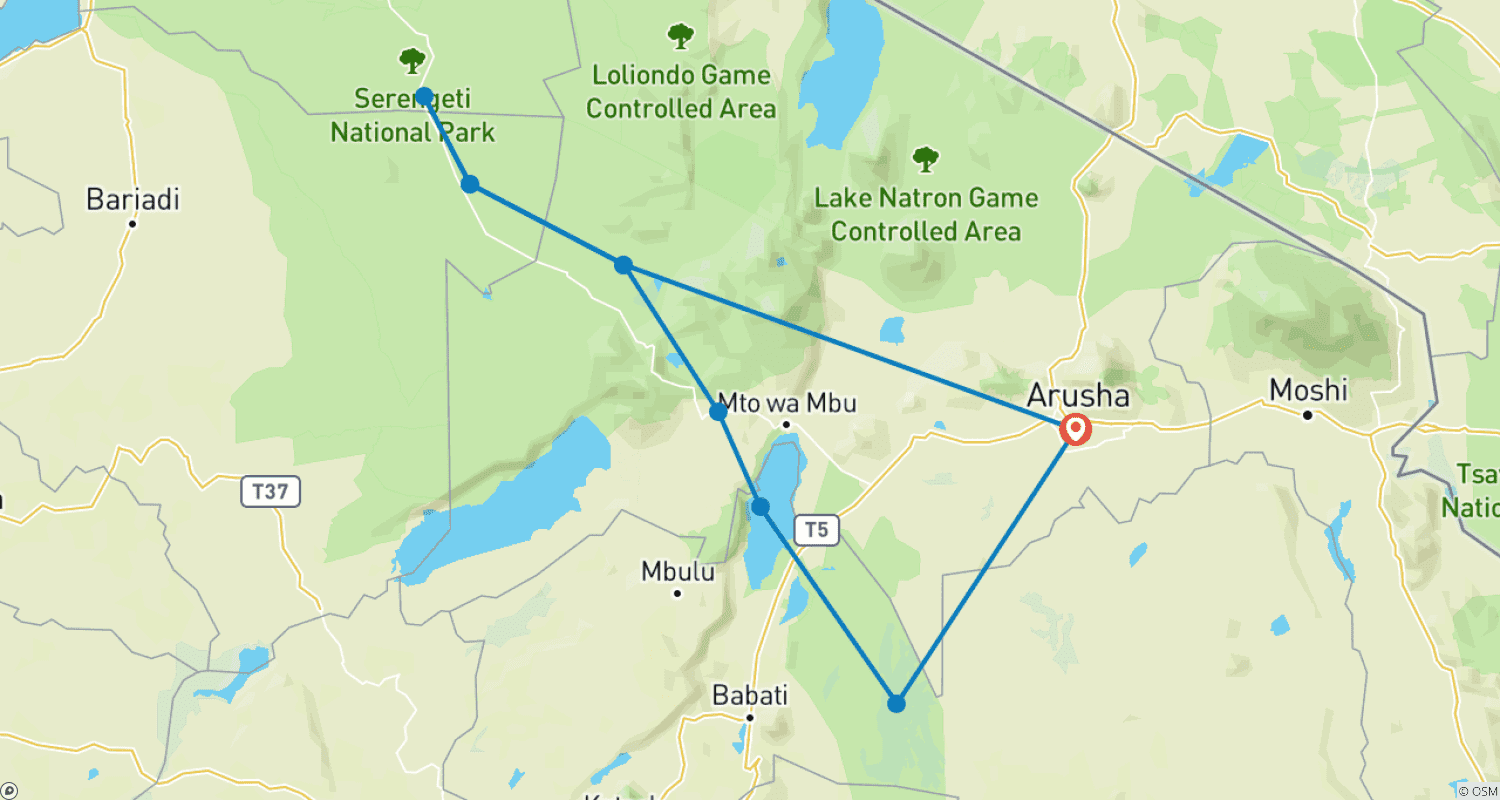 Mapa do percurso de Safari de Acampamento Econômico de 6 Dias