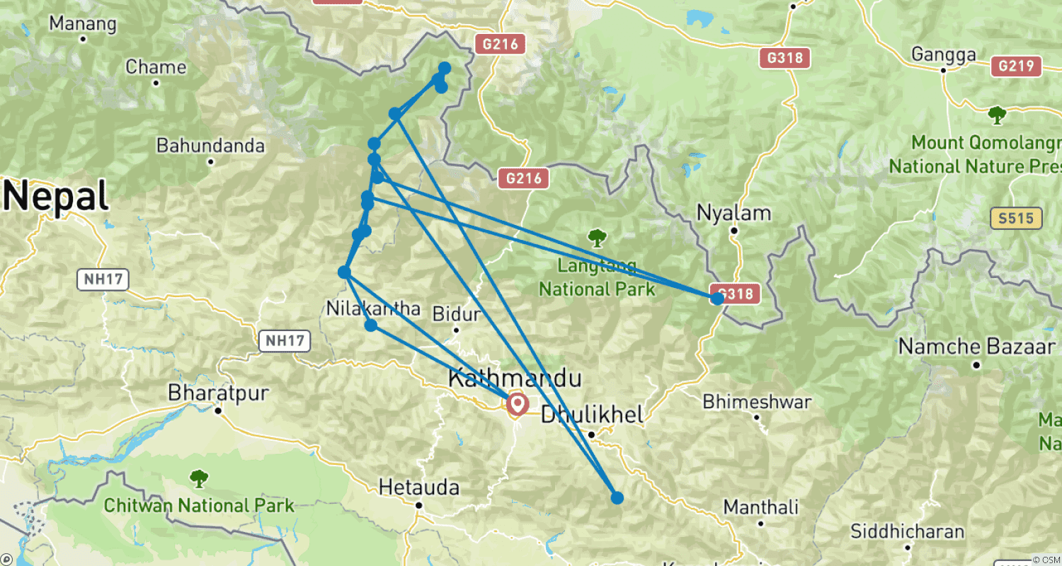Mapa trasy: Trekking po Manaslu i Dolinie Tsum