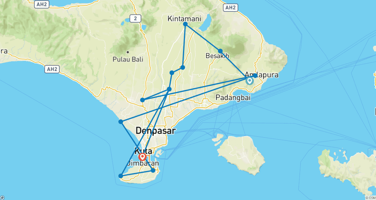 8日間:バリ文化の独自性と美しさを発見する旅のルートマップ