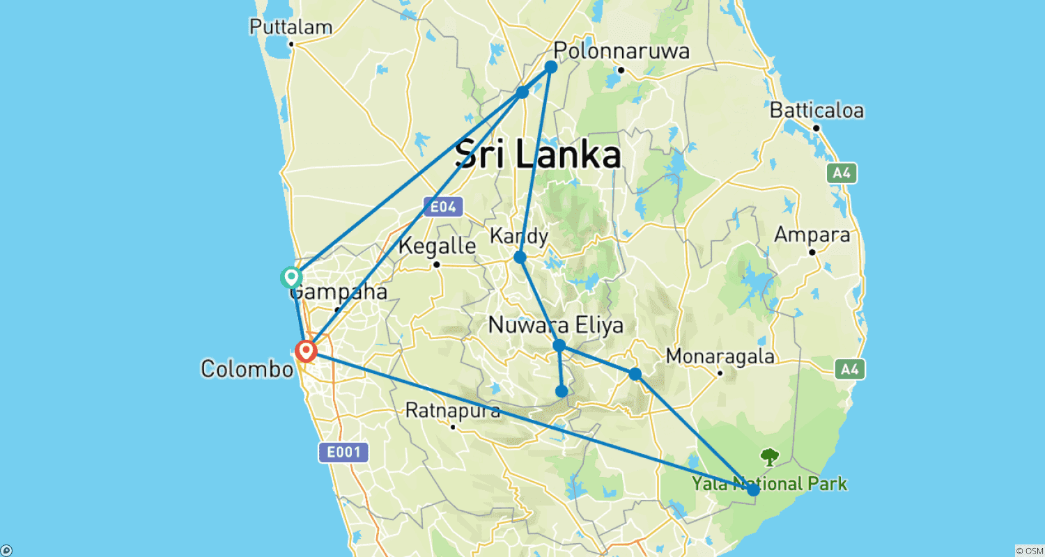 Mapa do percurso de Melhor Tour Privado de Luxo Personalizado de 11 Dias no Sri Lanka, Tudo Incluído e Hotel 4 Estrelas