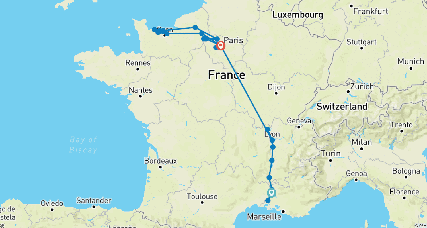 フランス最高の旅：アヴィニョンからパリへのルートマップ