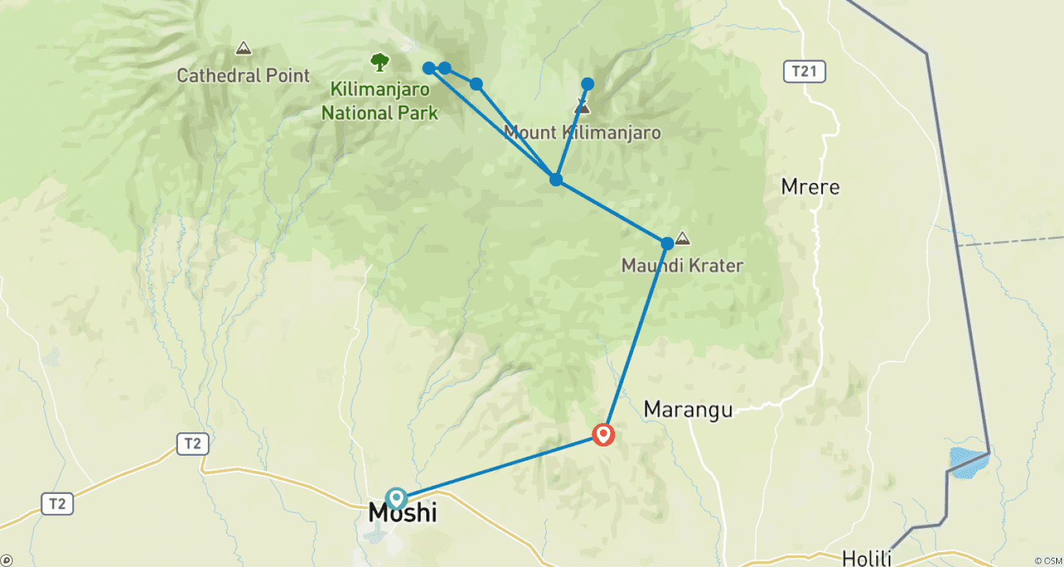 キリマンジャロ山 Maranguルート 6日間旅程のルートマップ