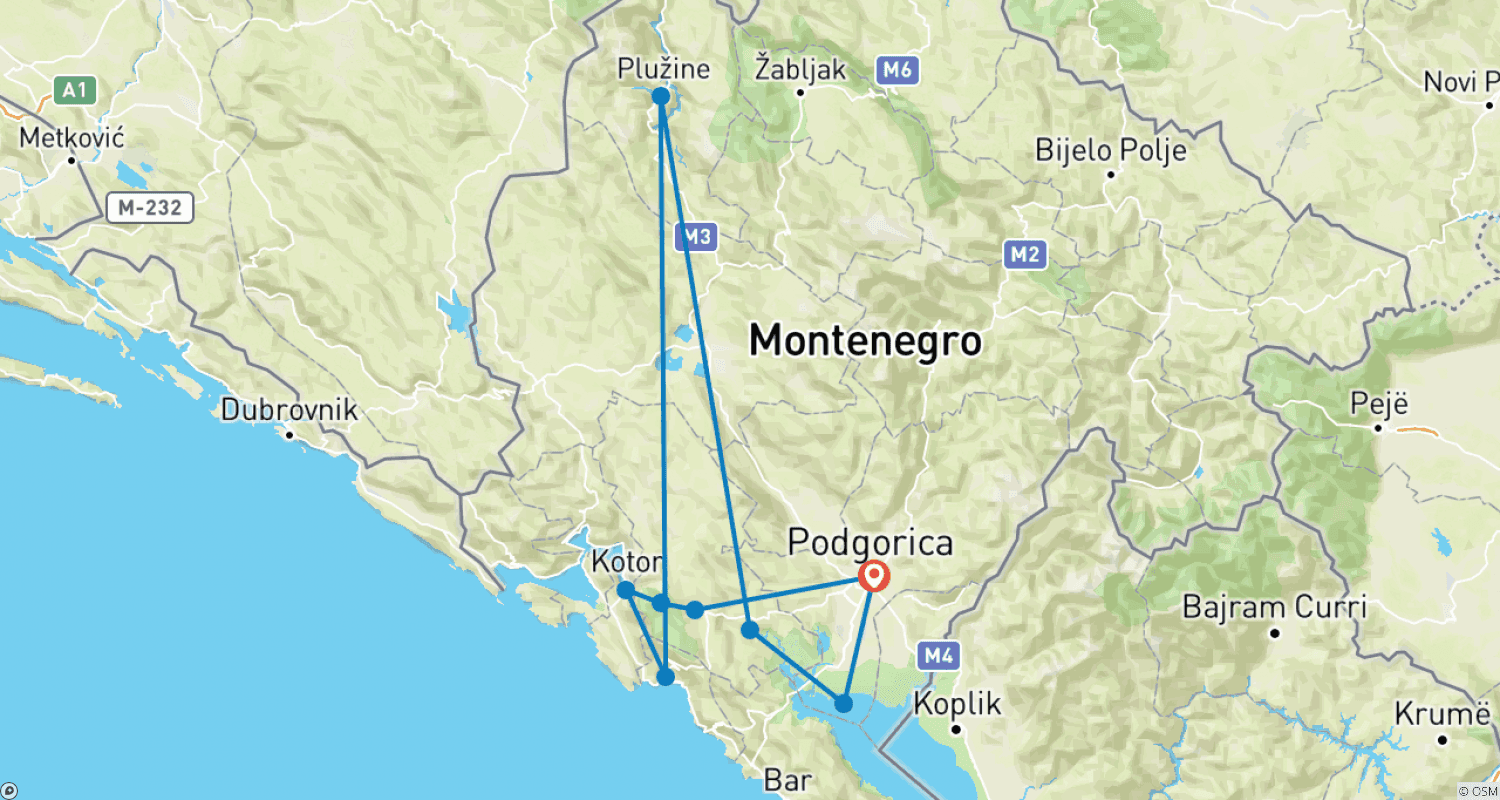 Mapa trasy: Piękno Czarnogóry 5 dni / 4 noce