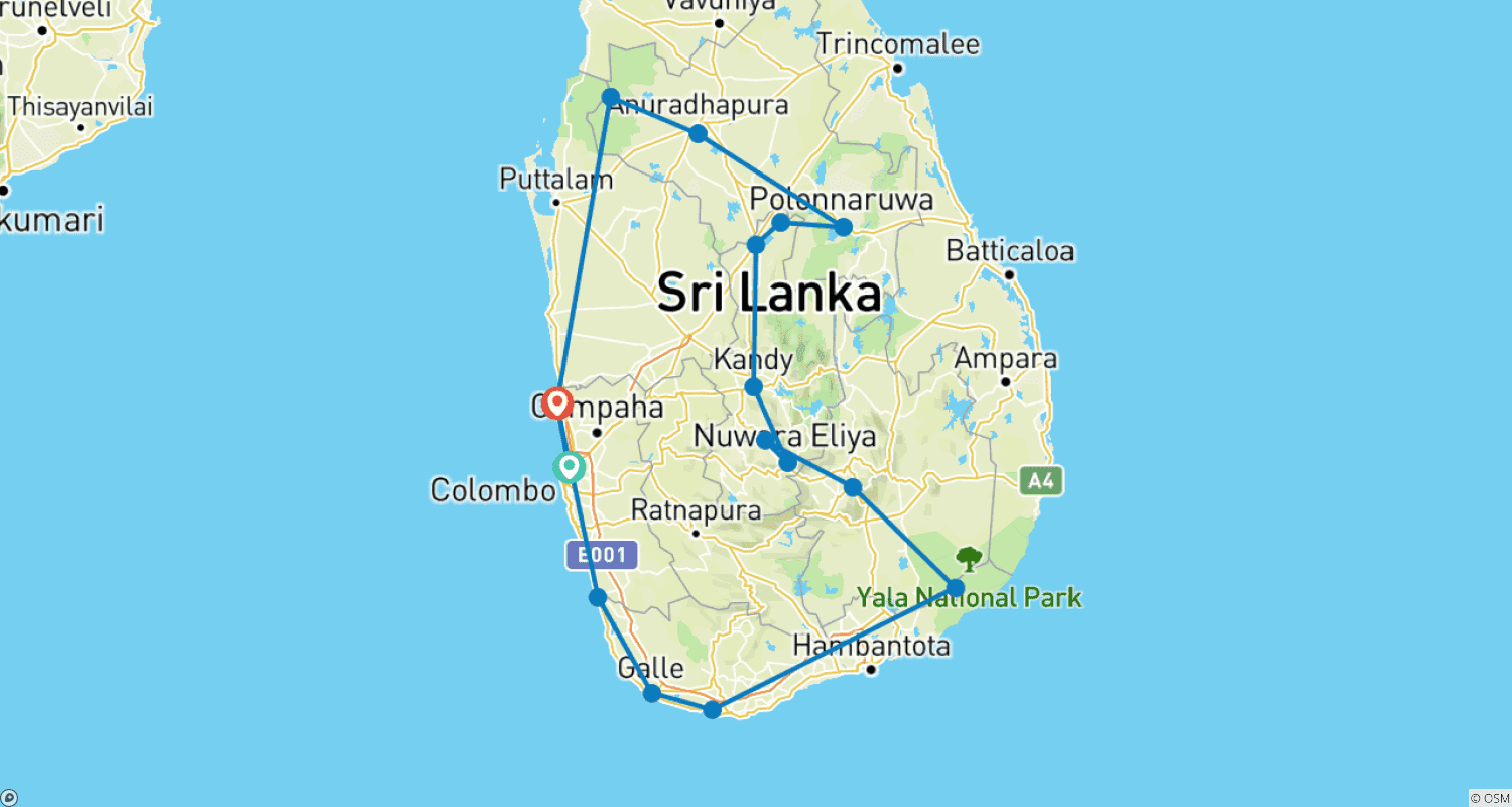 Mapa do percurso de Tour Circular pelo Sri Lanka com Vida Selvagem (12 Dias) Upgrade para Tour Privado Disponível
