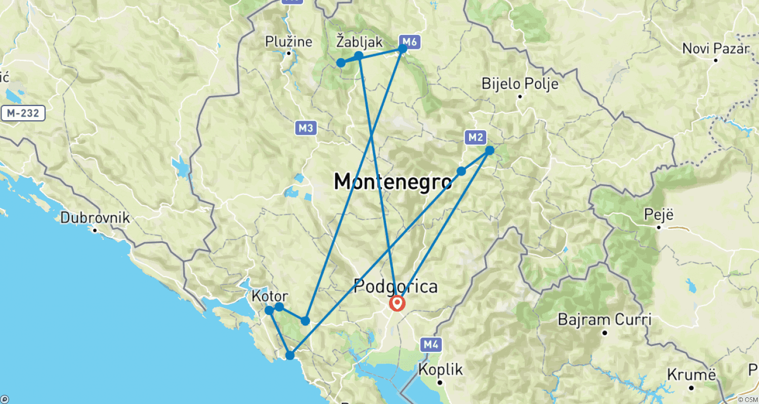 Mapa do percurso de Montenegro de Conto de Fadas: 5 dias / 4 noites