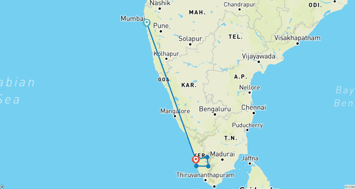 Mapa do percurso de Excursão de 7 Dias por Mumbai e Kerala