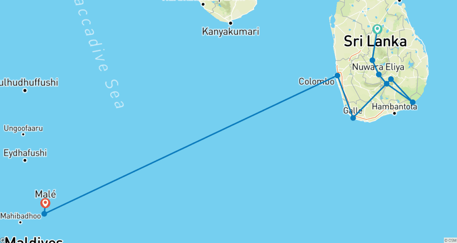 Mapa do percurso de Sri Lanka e Maldivas: Roteiro Combinado