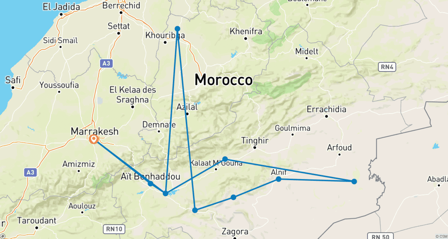 Mapa do percurso de Tour pelo Deserto de Marraquexe 4D/3N