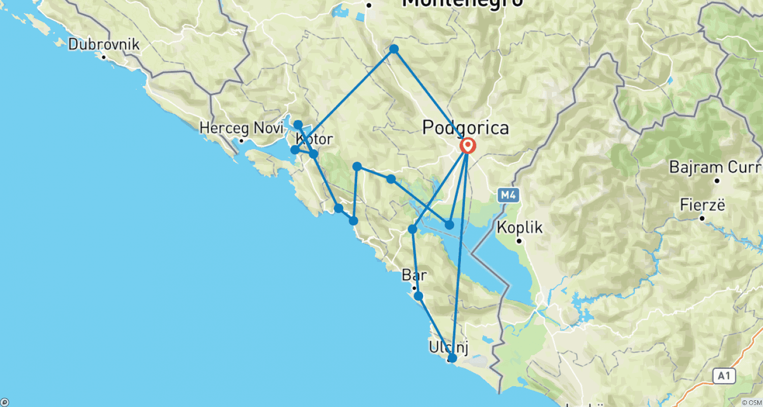 Mapa do percurso de Relaxe e Desfrute em Montenegro 6 dias / 5 noites
