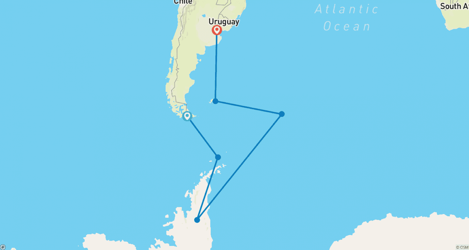 Mapa do percurso de Aventura na Vida Selvagem Antártica (23 Dias)