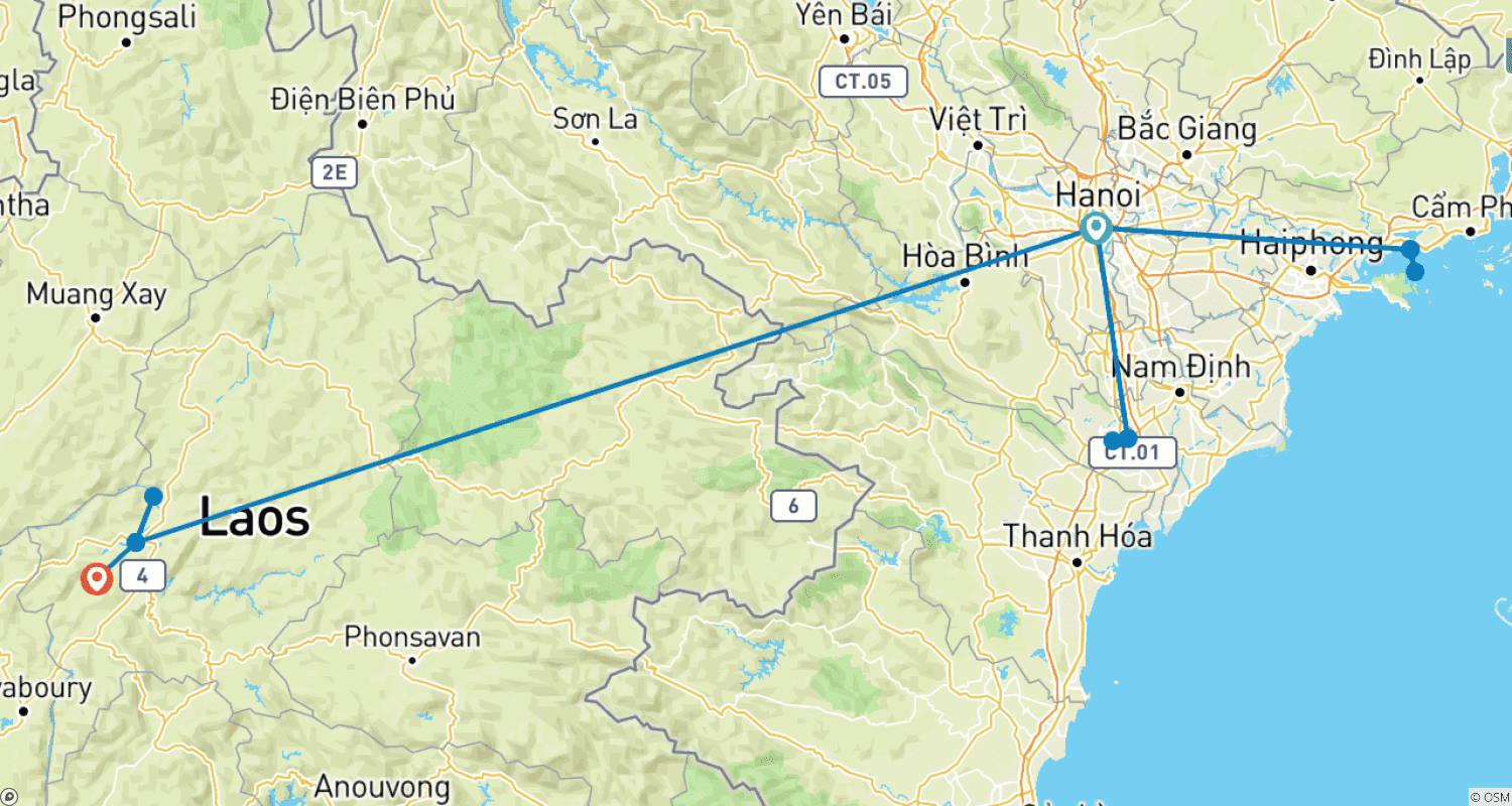 Mapa do percurso de Viagem Impressionante ao Vietnã e Laos: 7 Dias e 6 Noites (Hanói e Luang Prabang)