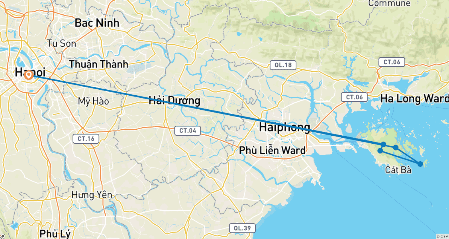 Mapa do percurso de Hanói - Baía de Lan Ha e Ilha de Cat Ba 5 dias 4 noites