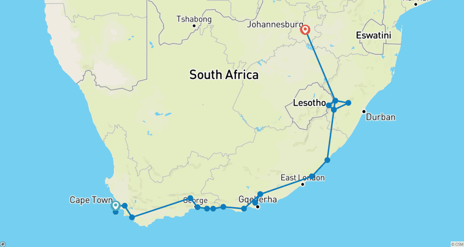 Meander to South Africa's best kept secrets and experience Lesothoのルートマップ