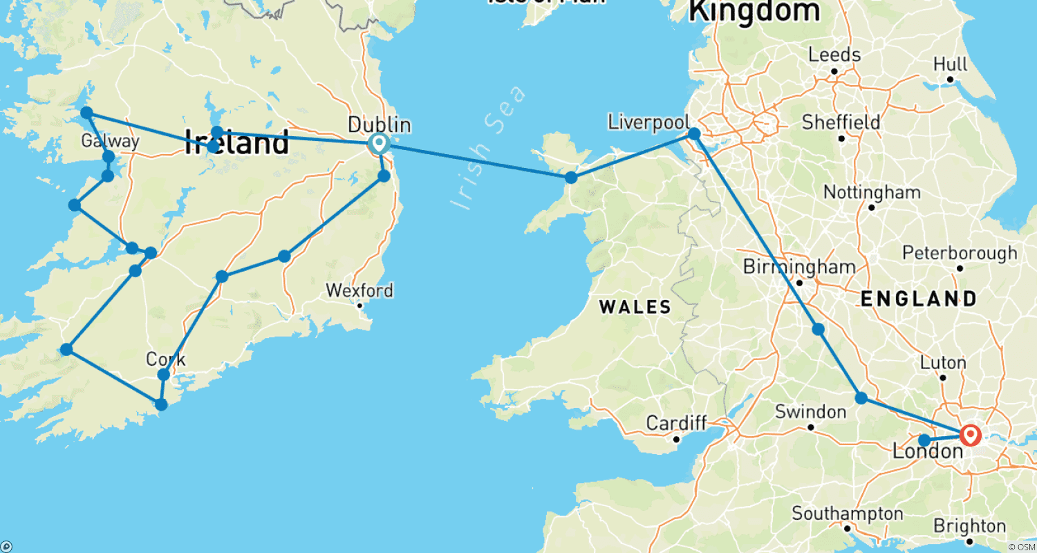 イギリスとアイルランドを巡る旅のルートマップ