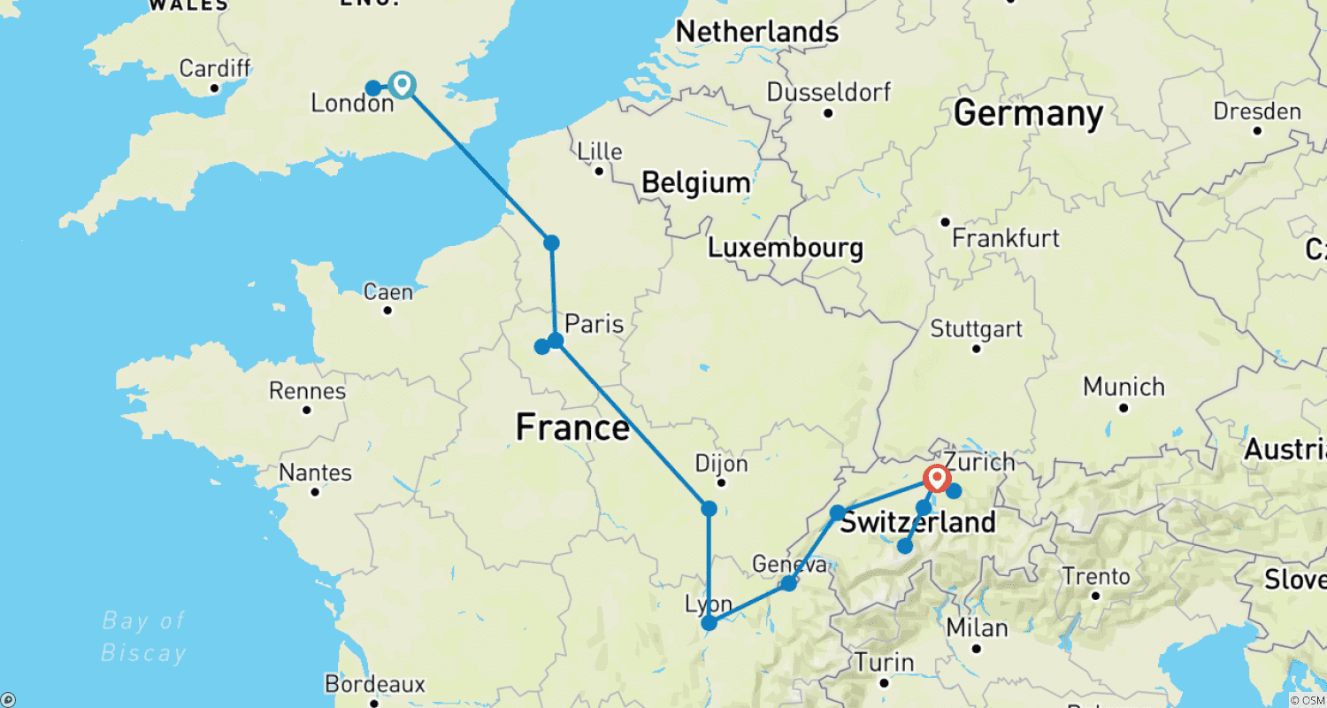 Mapa trasy: Londyn, Paryż i Zurych