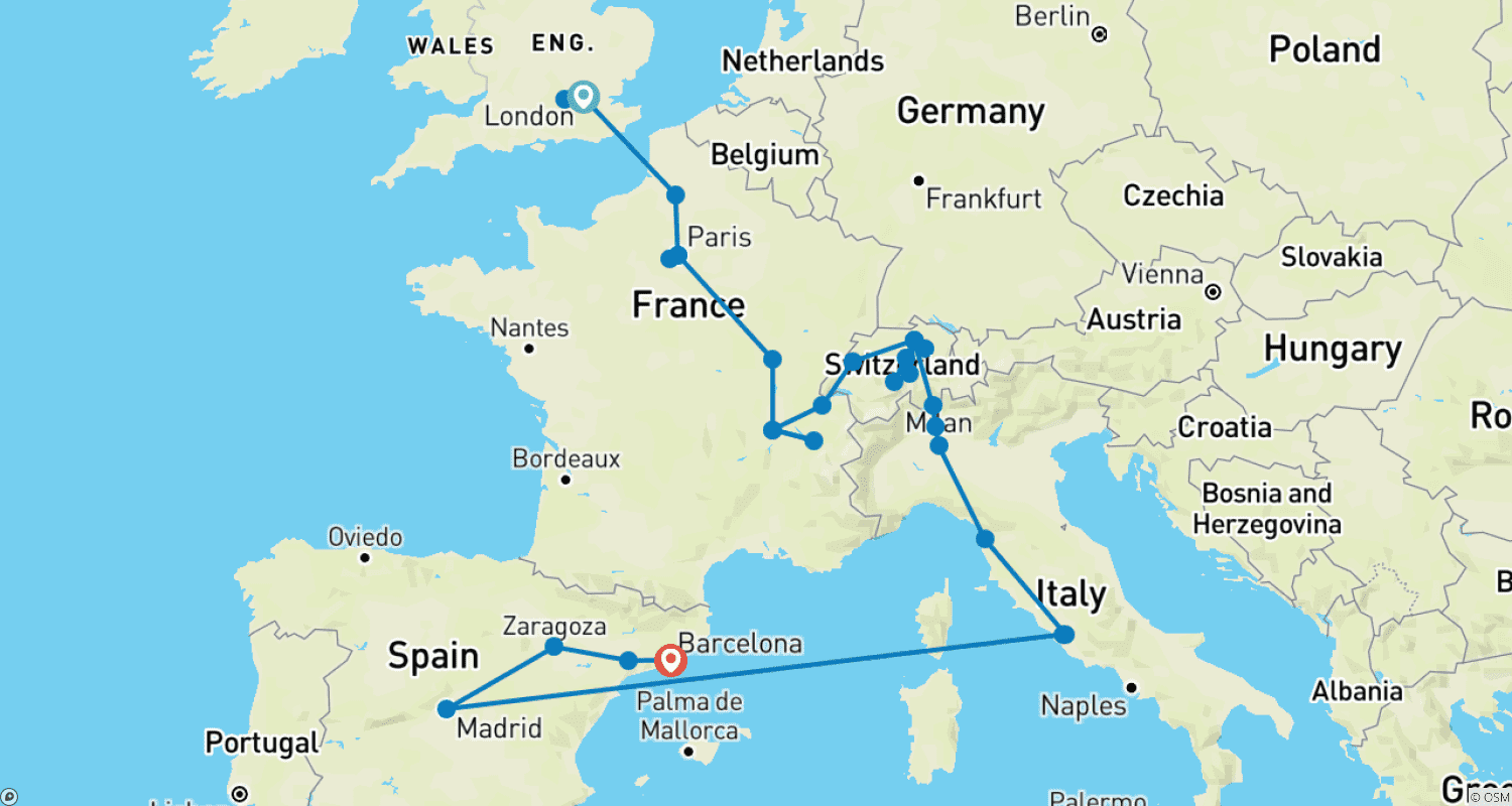 Mapa trasy: Spectacular Europe with Barcelona