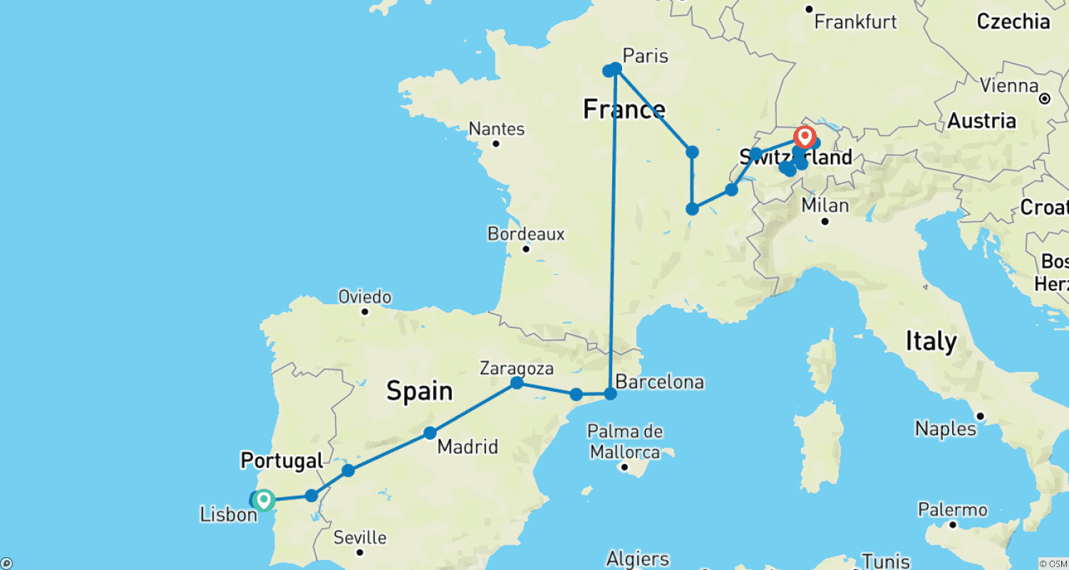 Mapa trasy: Europejskie Atrakcje: Zakończenie w Zurychu