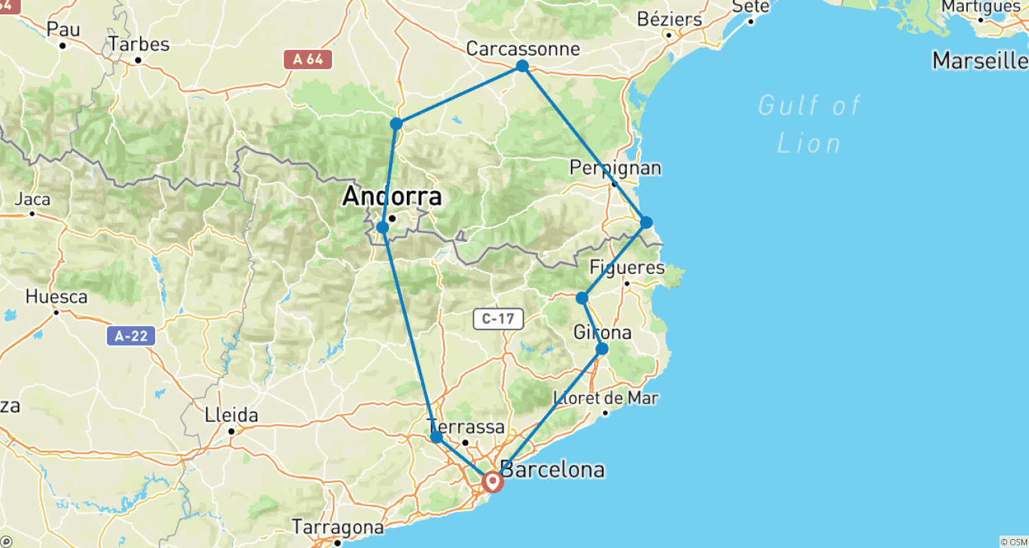 Mapa trasy: Katalonia, południe Francji i Andory