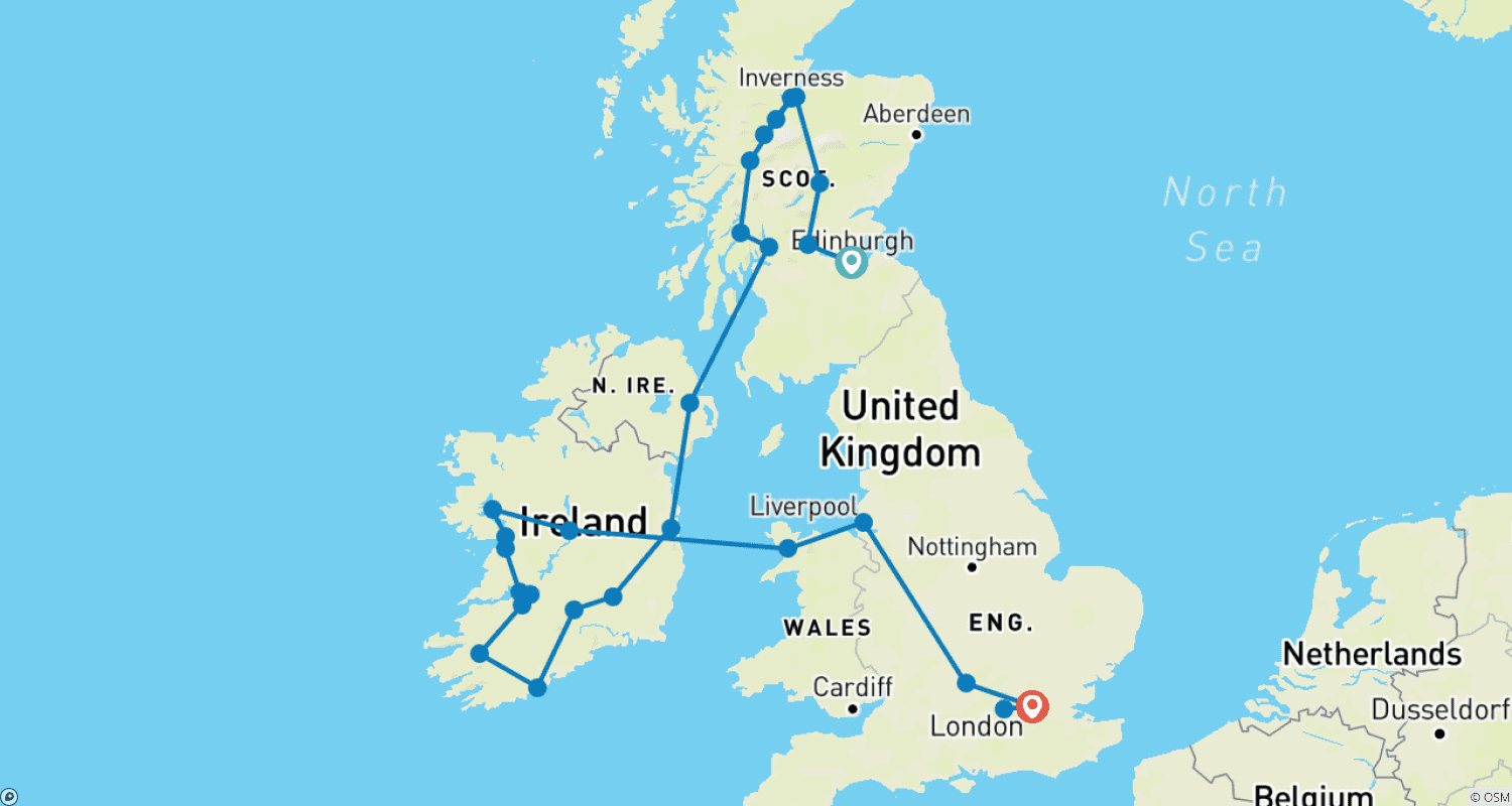 Mapa do percurso de Escócia e Irlanda com Londres
