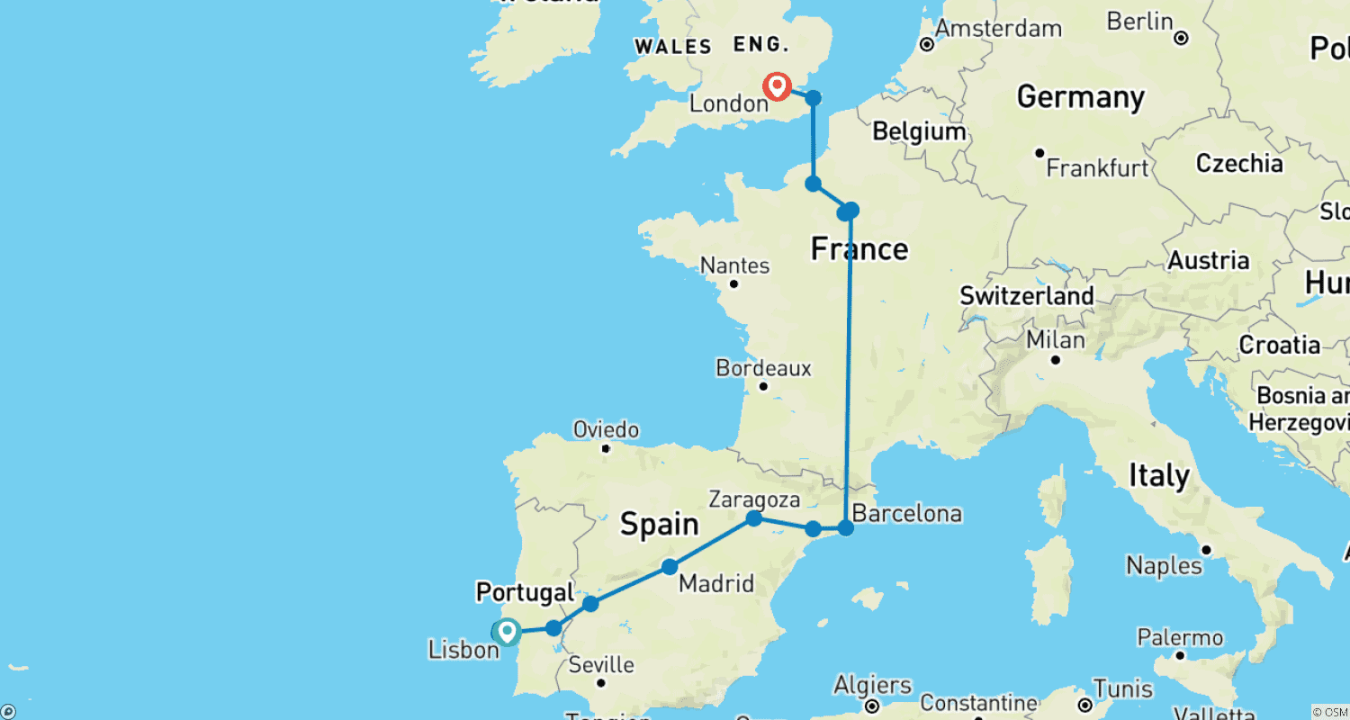 Mapa do percurso de De Lisboa a Paris com Londres