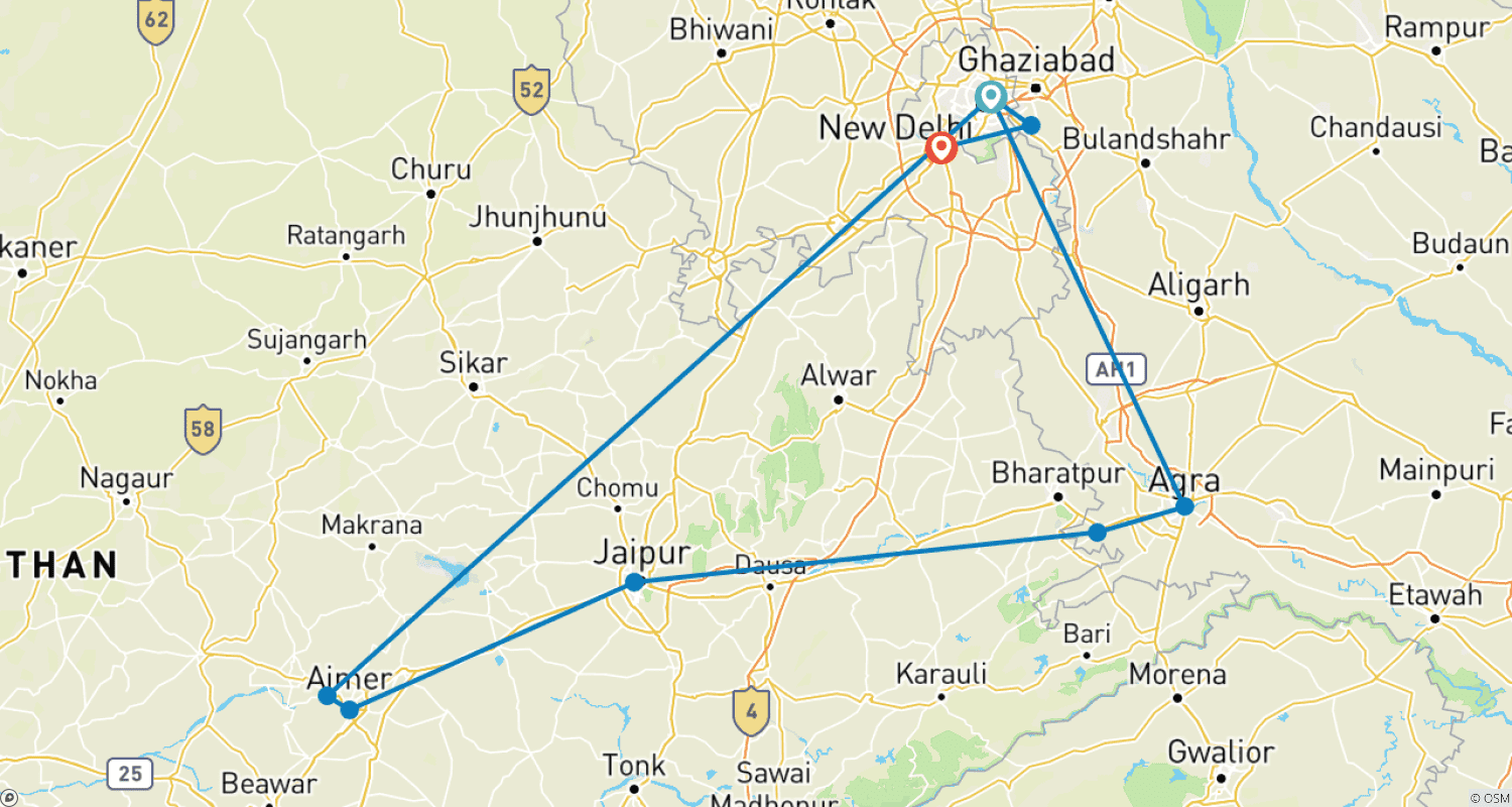Mapa do percurso de Excursão Privada de 7 Dias pelo Triângulo Dourado com Ajmer Pushkar