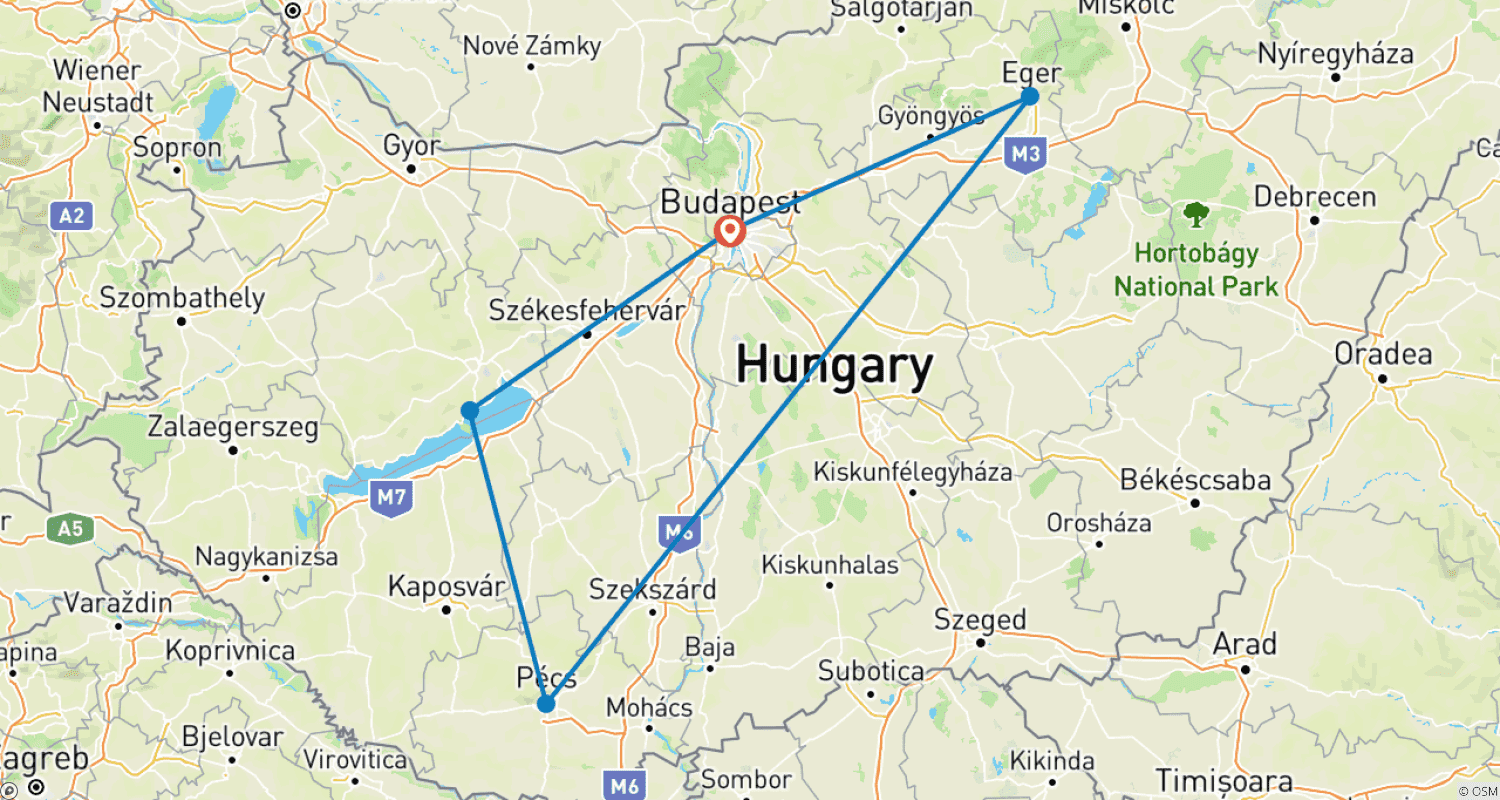 Mapa do percurso de Viagem Familiar Personalizada de 7 Dias pela Hungria, Guia Privado e Partidas Diárias