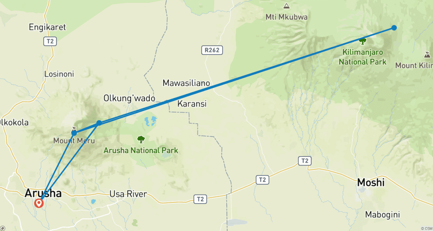Mapa trasy: 4-dniowy Mount Meru (wysokość 4562 metry) - Trekking Tanzania