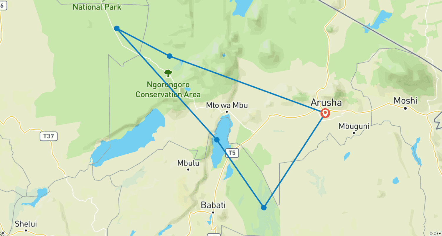 Mapa do percurso de 7 Days Tanzania Classic Safari