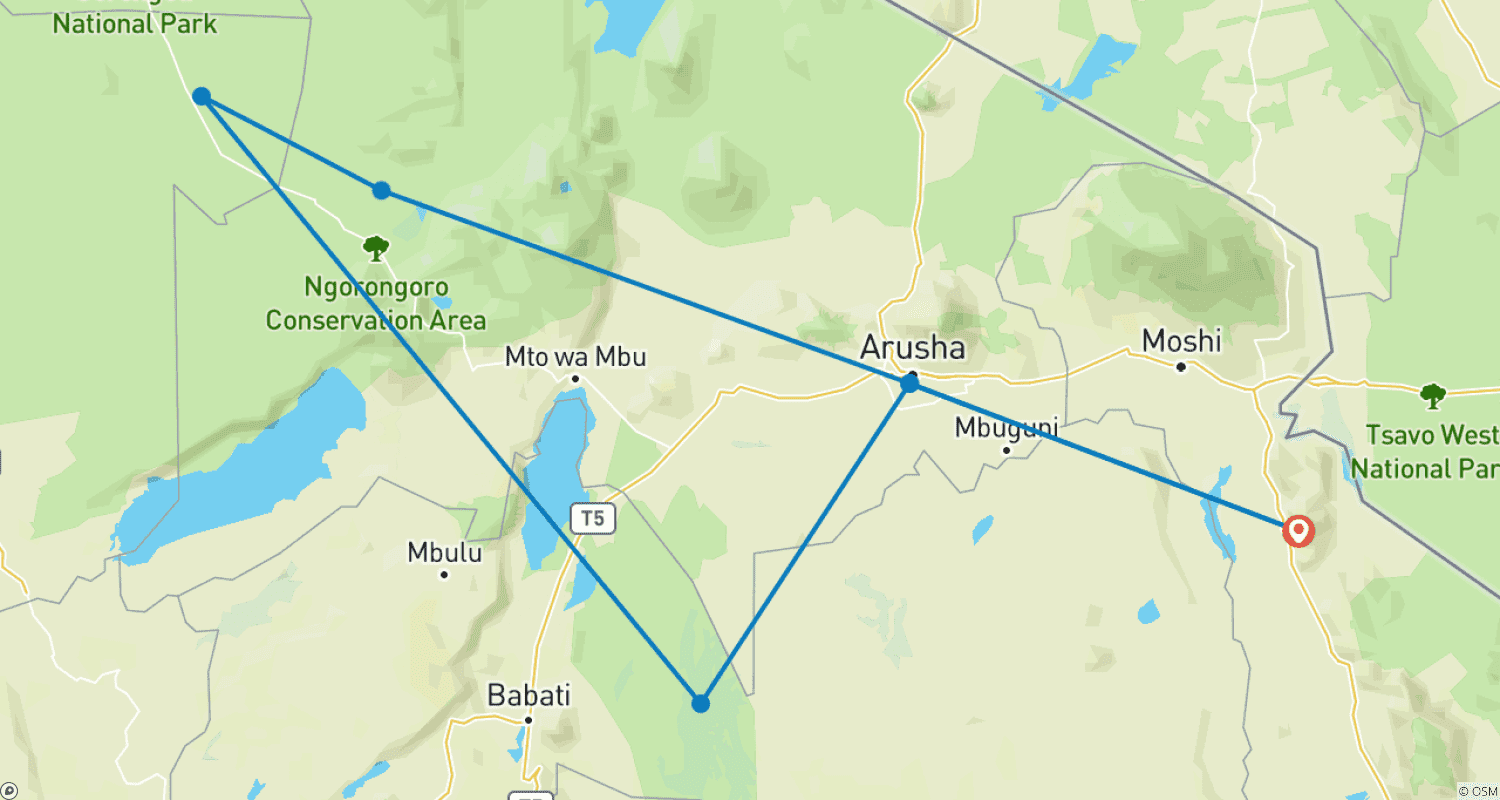 Mapa trasy: 5 Days Tanzania Enticing Explorations