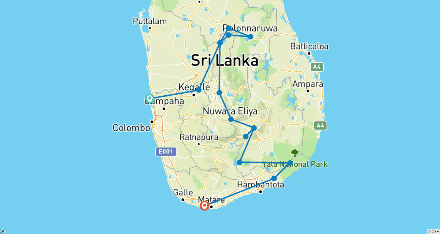 Mapa trasy: Odkrywanie Skarbów Sri Lanki, 14-dniowa Przygoda z Negombo do Mirissy