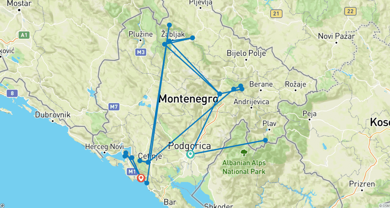 Mapa trasy: Poznaj Góry Czarnogóry 9 dni / 8 nocy