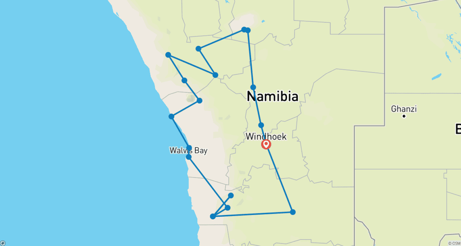 خريطة مسار 11 Days Namibia Experience Accommodated Tour