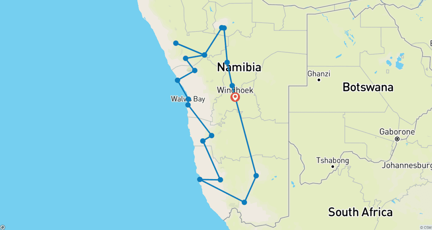 Mapa trasy: 15 Dni Namibia: Najważniejsze Atrakcje – Safari z Zakwaterowaniem