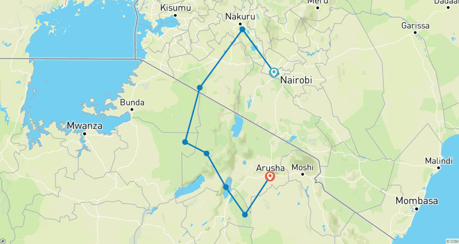 Mapa do percurso de Safari de 9 Dias: O Melhor da Vida Selvagem do Quênia e Tanzânia em Lodges